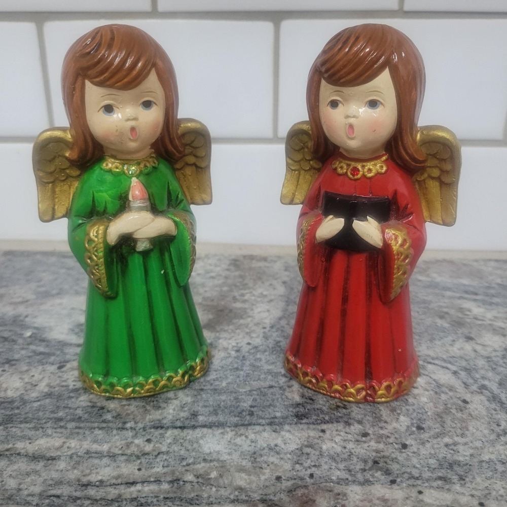 Vintage 2 MCM Angels Big Eye Holding Hymnal Candle Japan Red Green Jewels 6"